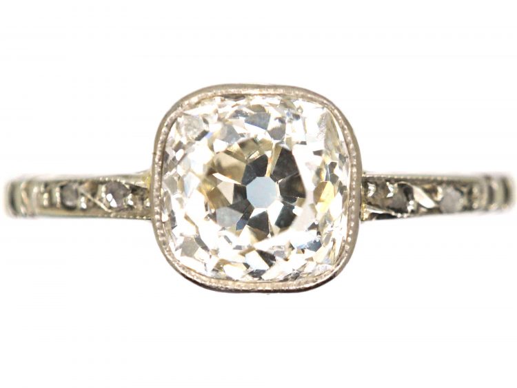 Edwardian 18ct Gold & Platinum, Old Cushion Cut Diamond Solitaire Ring with Rose Diamond Shoulders