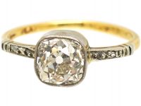 Edwardian 18ct Gold & Platinum, Old Cushion Cut Diamond Solitaire Ring with Rose Diamond Shoulders