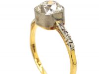 Edwardian 18ct Gold & Platinum, Old Cushion Cut Diamond Solitaire Ring with Rose Diamond Shoulders