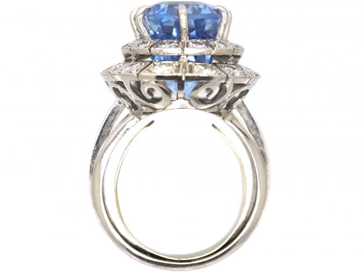 Large French Platinum Sapphire & Diamond Oval Cluster Ring