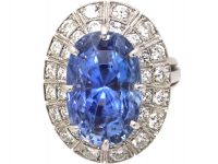 Large French Platinum Sapphire & Diamond Oval Cluster Ring