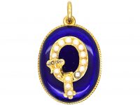 Victorian 18ct Gold Oval Locket with Royal Blue Enamel & Natural Split Pearl Garter Motif