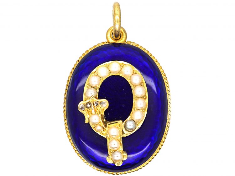 Victorian 18ct Gold Oval Locket with Royal Blue Enamel & Natural Split Pearl Garter Motif