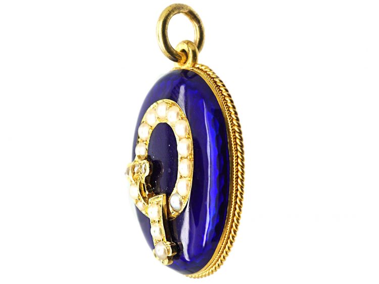 Victorian 18ct Gold Oval Locket with Royal Blue Enamel & Natural Split Pearl Garter Motif