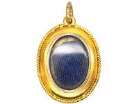 Victorian 18ct Gold Oval Locket with Royal Blue Enamel & Natural Split Pearl Garter Motif