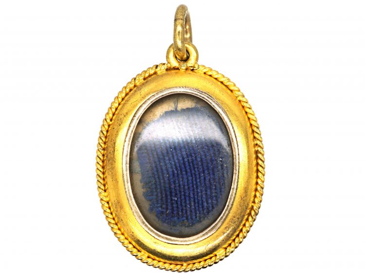 Victorian 18ct Gold Oval Locket with Royal Blue Enamel & Natural Split Pearl Garter Motif