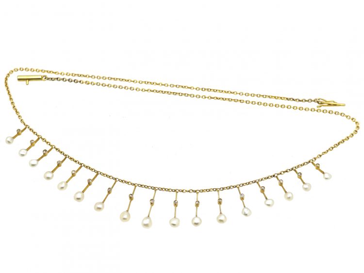 Early 20th Century 14ct Gold Fringe Necklace with Natural Pearl & Rose Diamond Drops