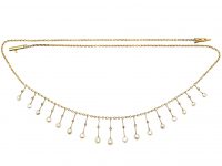 Early 20th Century 14ct Gold Fringe Necklace with Natural Pearl & Rose Diamond Drops