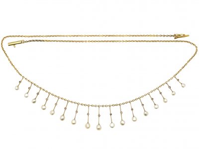 Early 20th Century 14ct Gold Fringe Necklace with Natural Pearl & Rose Diamond Drops