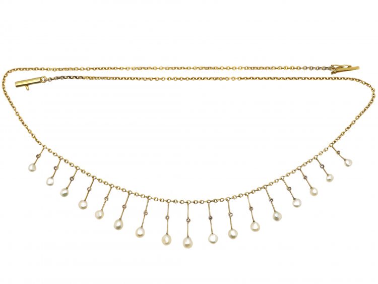 Early 20th Century 14ct Gold Fringe Necklace with Natural Pearl & Rose Diamond Drops