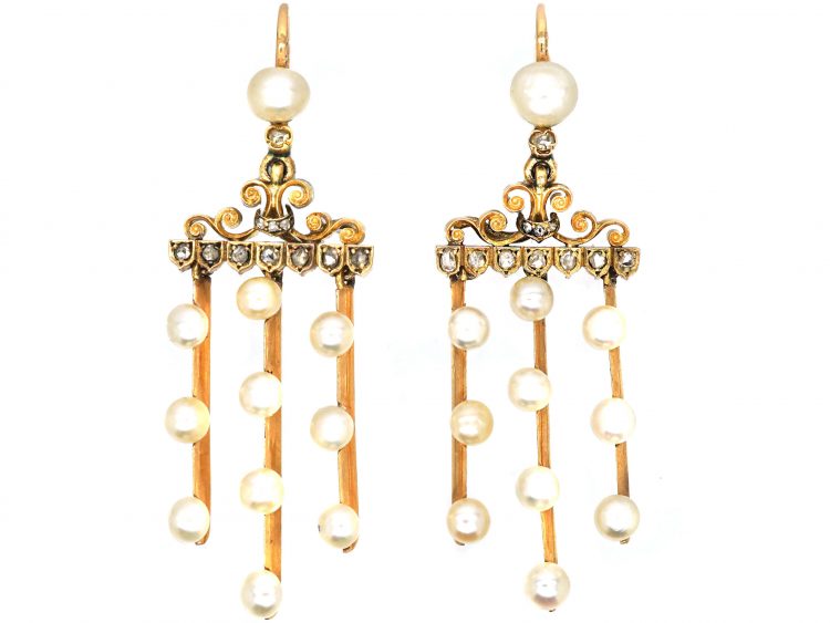 French Late 19th Century 18ct Gold, Natural Pearl & Rose Diamond Drop Earrings