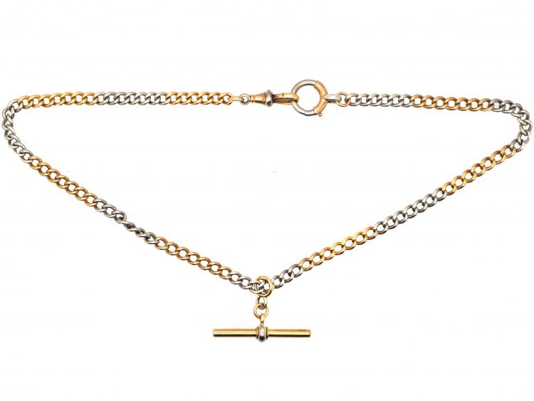 Edwardian Platinum & 18ct Gold Watch Chain with T Bar