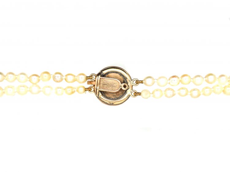 Edwardian Two Strand Pearl Necklace with 15ct Gold Enamel & Diamond Clasp