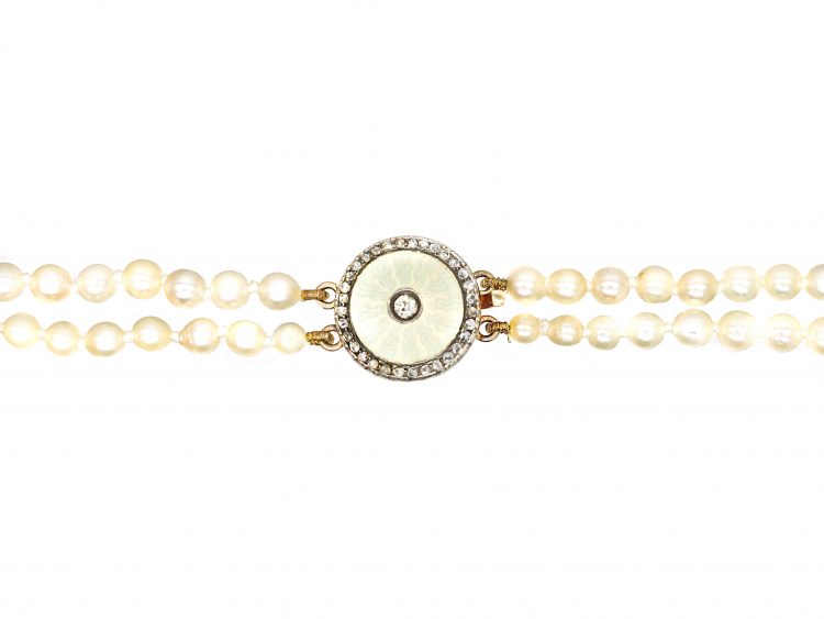 Edwardian Two Strand Pearl Necklace with 15ct Gold Enamel & Diamond Clasp