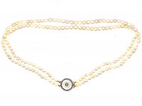 Edwardian Two Strand Pearl Necklace wih 15ct Gold Enamel & Diamond Clasp