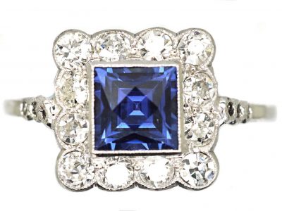 Early 20th Century 18ct White Gold & Platinum Square Ring set with a French Cut Sapphire & Diamonds