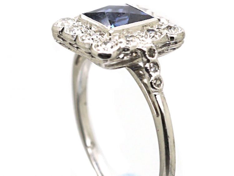 Early 20th Century 18ct White Gold & Platinum Square Ring set with a French Cut Sapphire & Diamonds