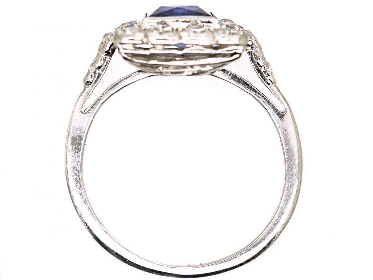 Early 20th Century 18ct White Gold & Platinum Square Ring set with a French Cut Sapphire & Diamonds