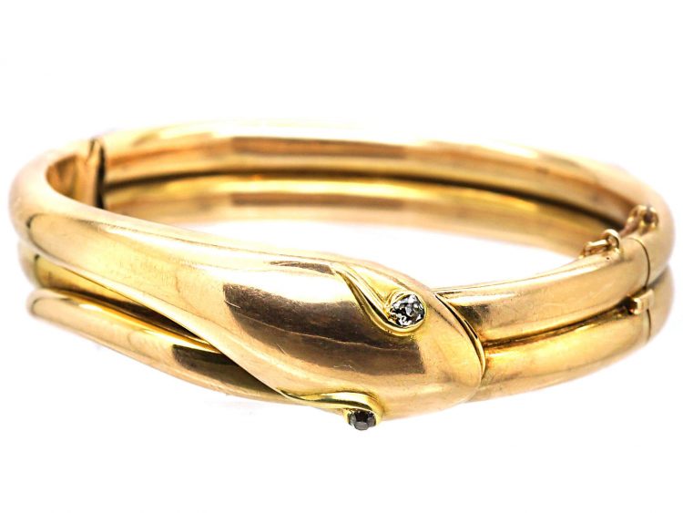 Victorian 15ct Gold Snake Bangle with Diamond Eyes