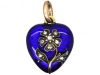 Victorian 15ct Gold & Blue Enamel Heart Pendant with Pansy set with Rose Diamonds