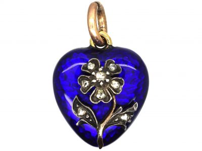 Victorian 15ct Gold & Blue Enamel Heart Pendant with Pansy set with Rose Diamonds