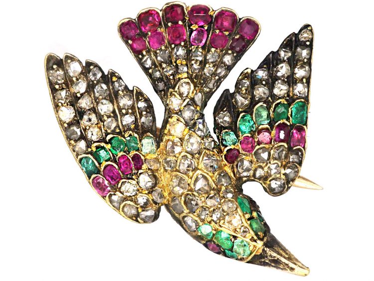 Victorian 15ct Gold  St Esprit Dove Brooch set with Diamonds, Emeralds & Rubies