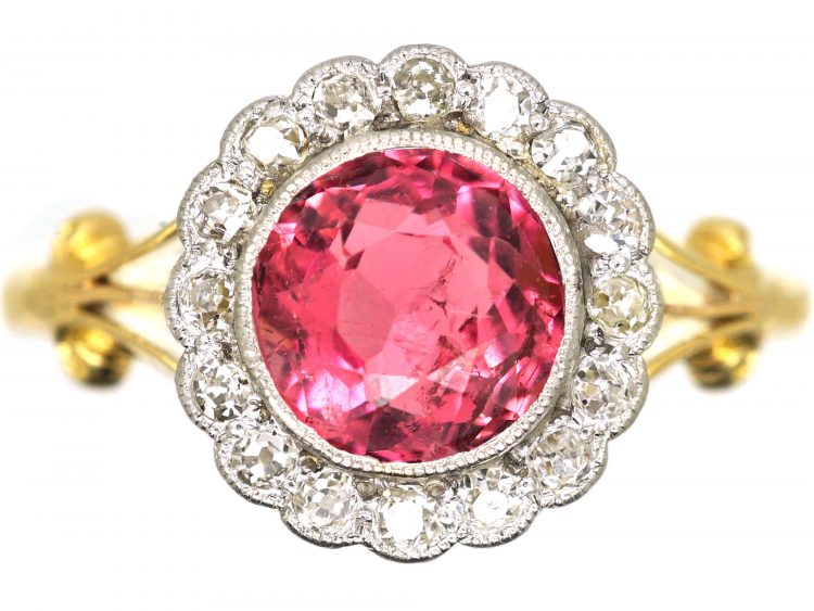 Edwardian 18ct Gold & Platinum, Pink Tourmaline & Diamond Cluster Ring