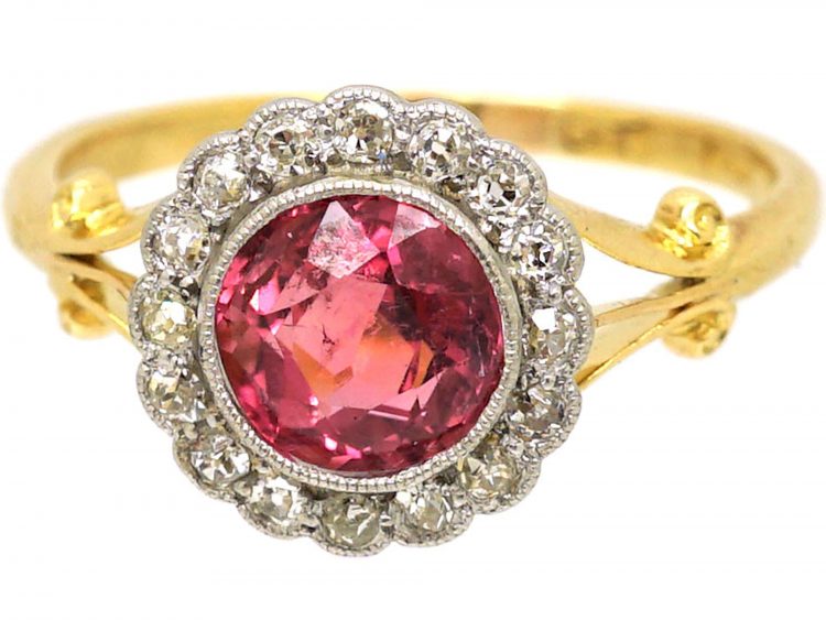 Edwardian 18ct Gold & Platinum, Pink Tourmaline & Diamond Cluster Ring