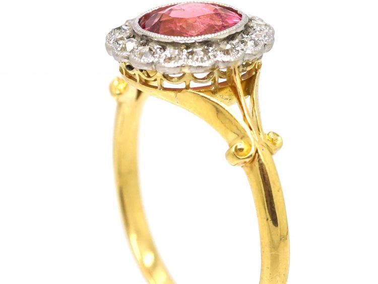 Edwardian 18ct Gold & Platinum, Pink Tourmaline & Diamond Cluster Ring