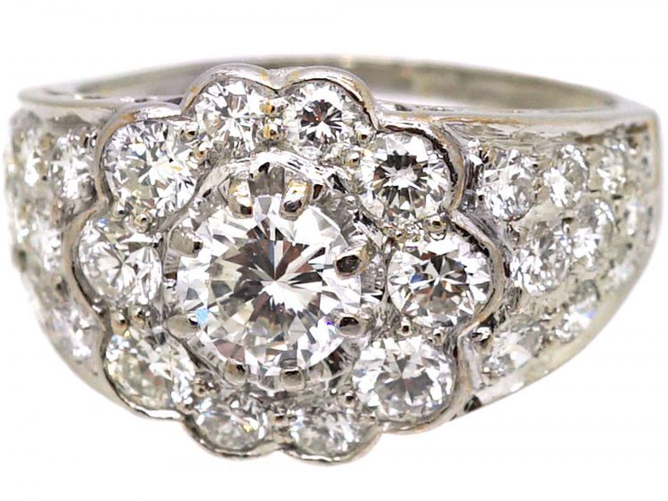 Art Deco Platinum, Diamond Cluster Ring with Diamond set Shoulders