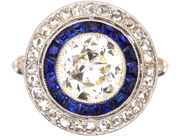 French Early 20th Century Platinum Target Ring set with Diamonds & Sapphires