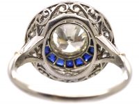 French Early 20th Century Platinum Target Ring set with Diamonds & Sapphires