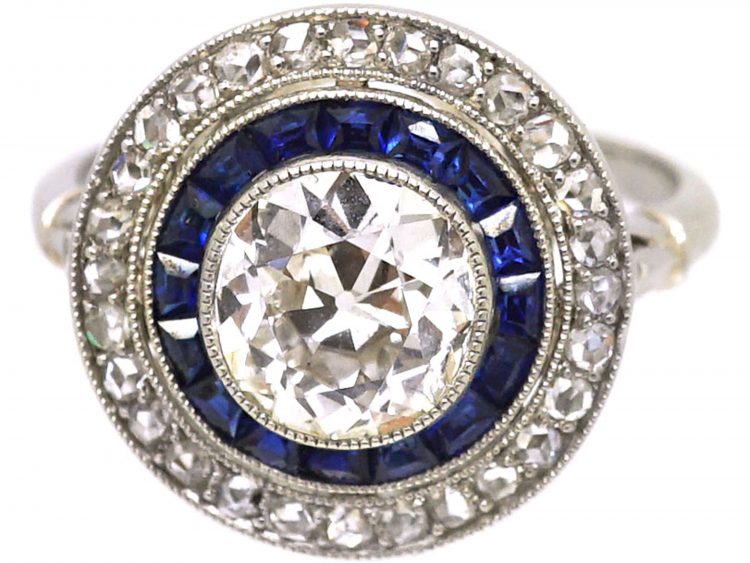 French Early 20th Century Platinum Target Ring set with Diamonds & Sapphires