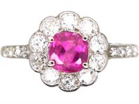 Edwardian Platinum, Pink Sapphire & Diamond Cluster Ring with Diamond set Shoulders