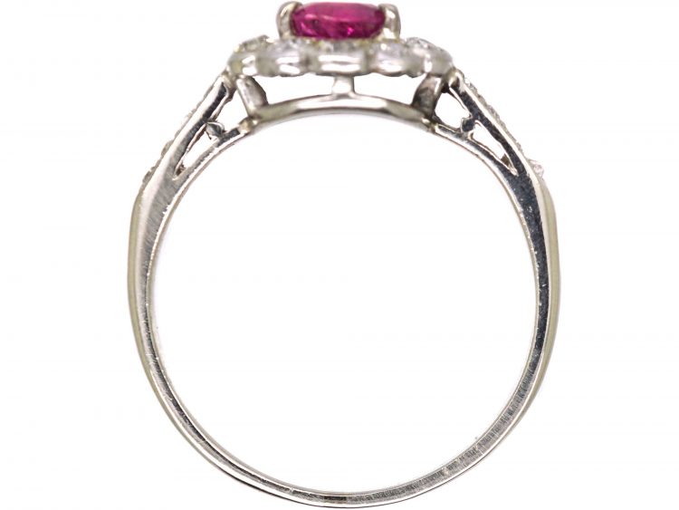 Edwardian Platinum, Pink Sapphire & Diamond Cluster Ring with Diamond set Shoulders