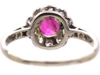 Edwardian Platinum, Pink Sapphire & Diamond Cluster Ring with Diamond set Shoulders