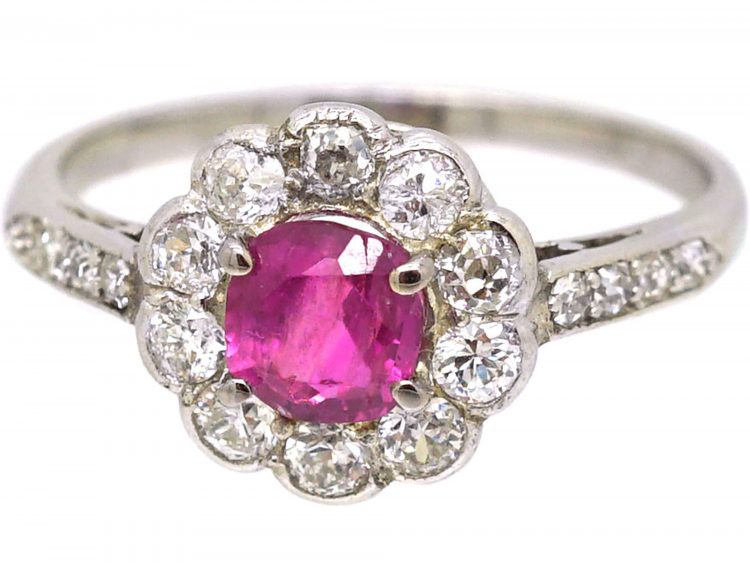 Edwardian Platinum, Pink Sapphire & Diamond Cluster Ring with Diamond set Shoulders