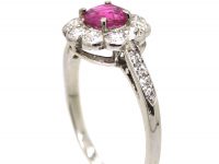 Edwardian Platinum, Pink Sapphire & Diamond Cluster Ring with Diamond set Shoulders