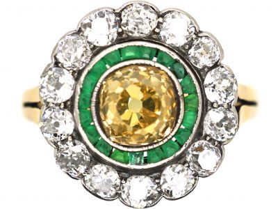 Russian Early 20th Century 14ct Gold Target Ring set with a Fancy Yellow Diamond & Emeralds & Diamonds