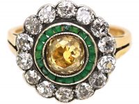 Russian Early 20th Century 14ct Gold Target Ring set with a Fancy Yellow Diamond & Emeralds & Diamonds