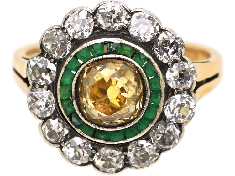 Russian Early 20th Century 14ct Gold Target Ring set with a Fancy Yellow Diamond & Emeralds & Diamonds