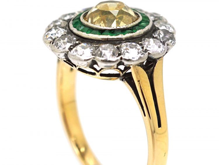 Russian Early 20th Century 14ct Gold Target Ring set with a Fancy Yellow Diamond & Emeralds & Diamonds