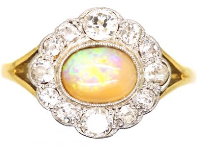 Edwardian 18ct Gold & Platinum, Opal & Diamond Oval Cluster Ring