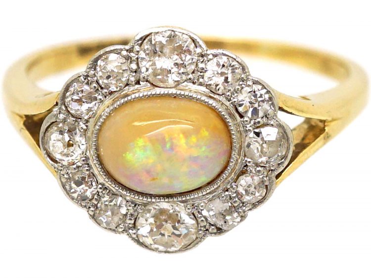 Edwardian 18ct Gold & Platinum, Opal & Diamond Oval Cluster Ring