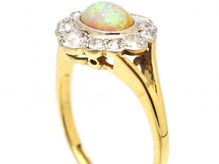 Edwardian 18ct Gold & Platinum, Opal & Diamond Oval Cluster Ring