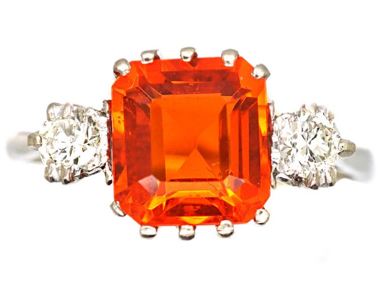 Art Deco 18ct White Gold & Platinum, Fire Opal & Diamond Ring