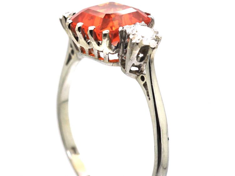 Art Deco 18ct White Gold & Platinum, Fire Opal & Diamond Ring