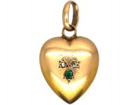 Victorian 15ct Gold Heart Pendant Set with an Emerald and Rose Diamonds