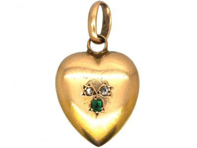 Victorian 15ct Gold Heart Pendant Set with an Emerald and Rose Diamonds