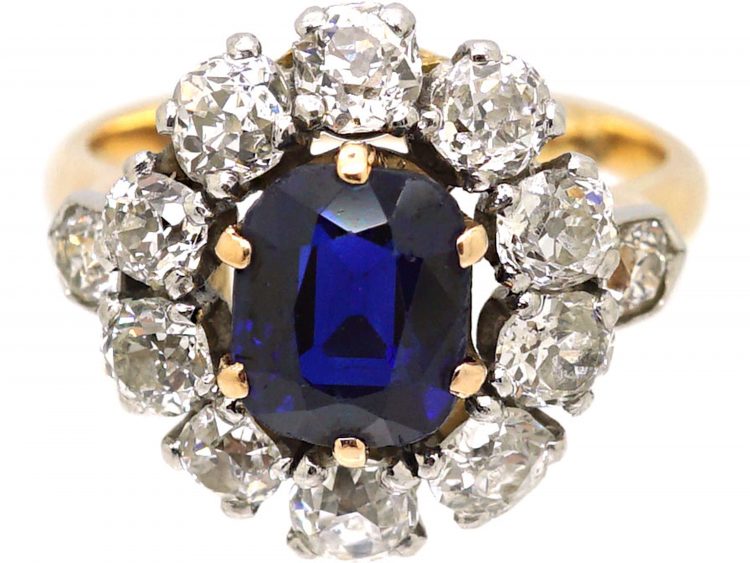 Early 20th Century French 18ct Gold & Platinum, Sapphire & Diamond Cluster Ring